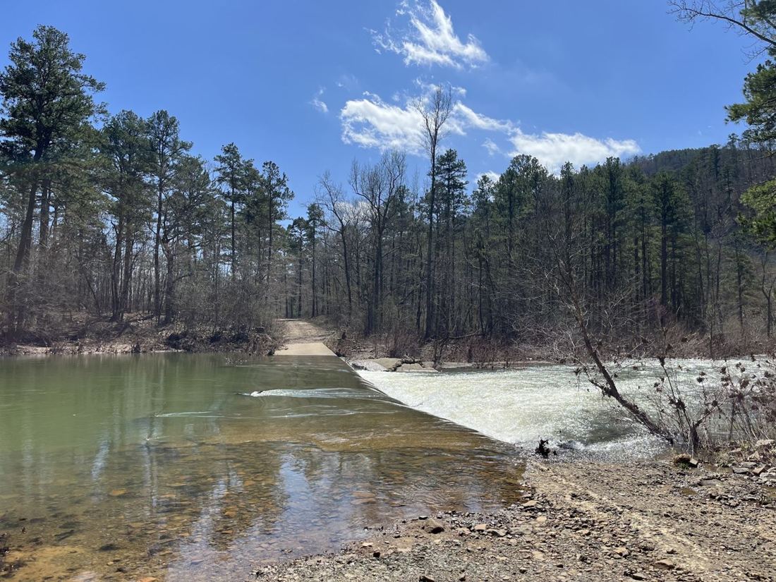 A creek spilling over a low rock shelf under tall pines