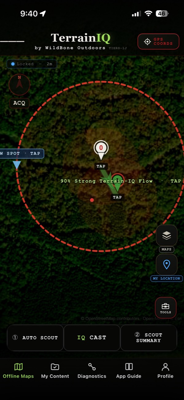 TerrainIQ map with a scout pin in timber reading 90% strong terrain flow